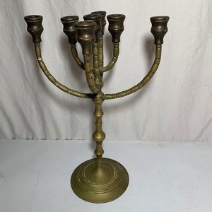 Vintage Ornate Solid Brass 6 Arm 7 Candle Candelabra Menorah Pillar Aged Patina